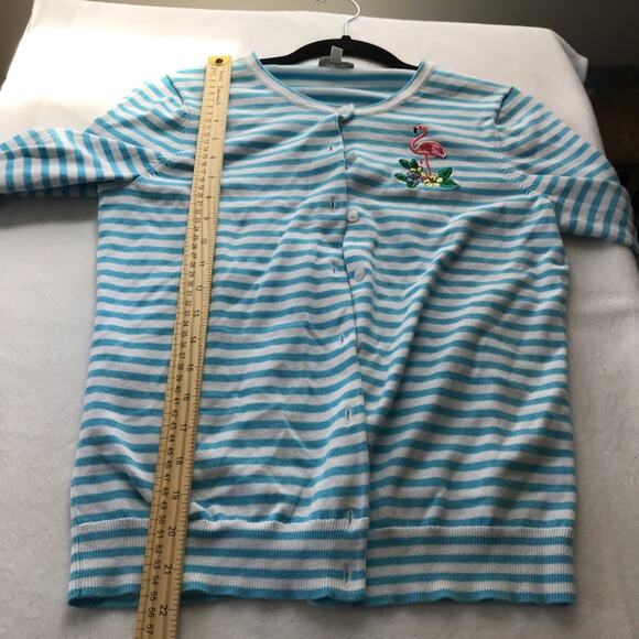 Talbots small blue white striped 3/4 sleeve embroidered button up knit cardigan - Picture 5 of 9